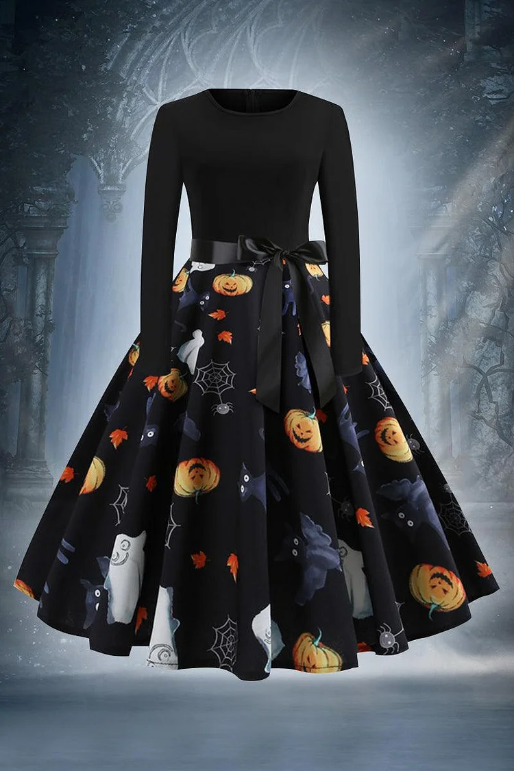 Plus Size Halloween Costumes Pumpkin Skull Print Long Sleeve A-line Midi Dress(With Belt)（Ships 24h） 2024 - Xpluswear