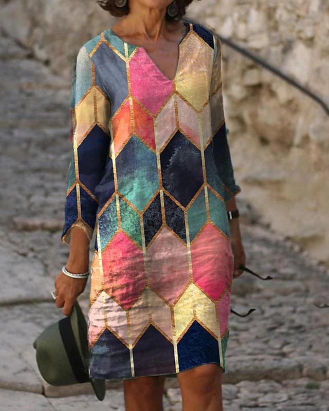 Women's Sheath Dress Knee Length Dress - 3/4 Length Sleeve Color Block Print Spring &  Fall V Neck Hot Elegant vacation dresses Rainbow M L XL XXL 3XL