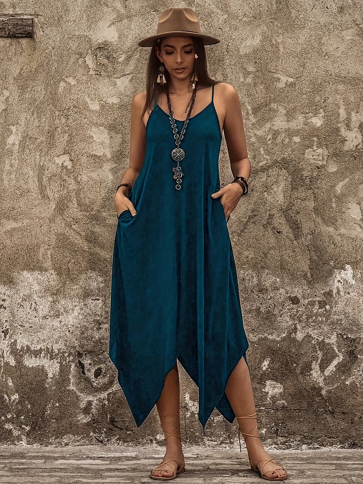 Scacto Women's Elegant Bohemian Asymmetrical Hem Cami Dress - Lightweight Loose Fit Vacation Travel Dress With Thin Straps, Solid Color Machine Washable For Spring Summer Fall, Dresses For Vacation