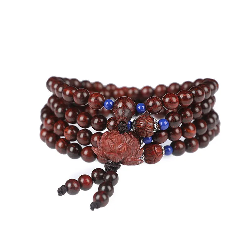 Tibetan Small Leaf Red Sandalwood Mala Lotus Blessing Necklace Bracelet