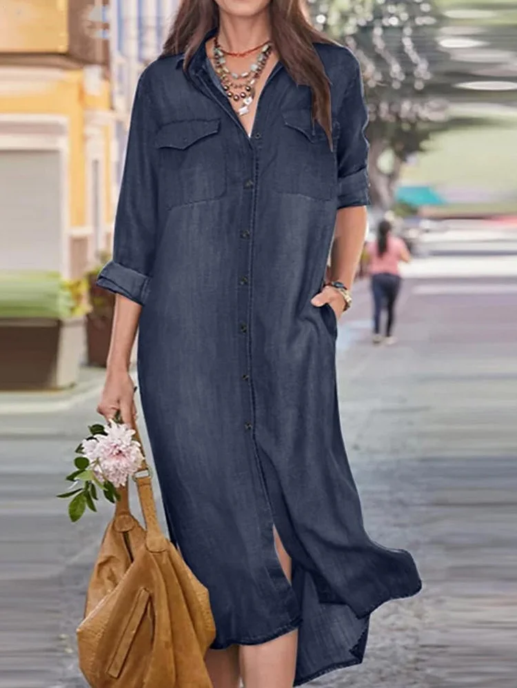 Casual Denim Single-Breasted Pocket Long Sleeve Shirt Midi Dress