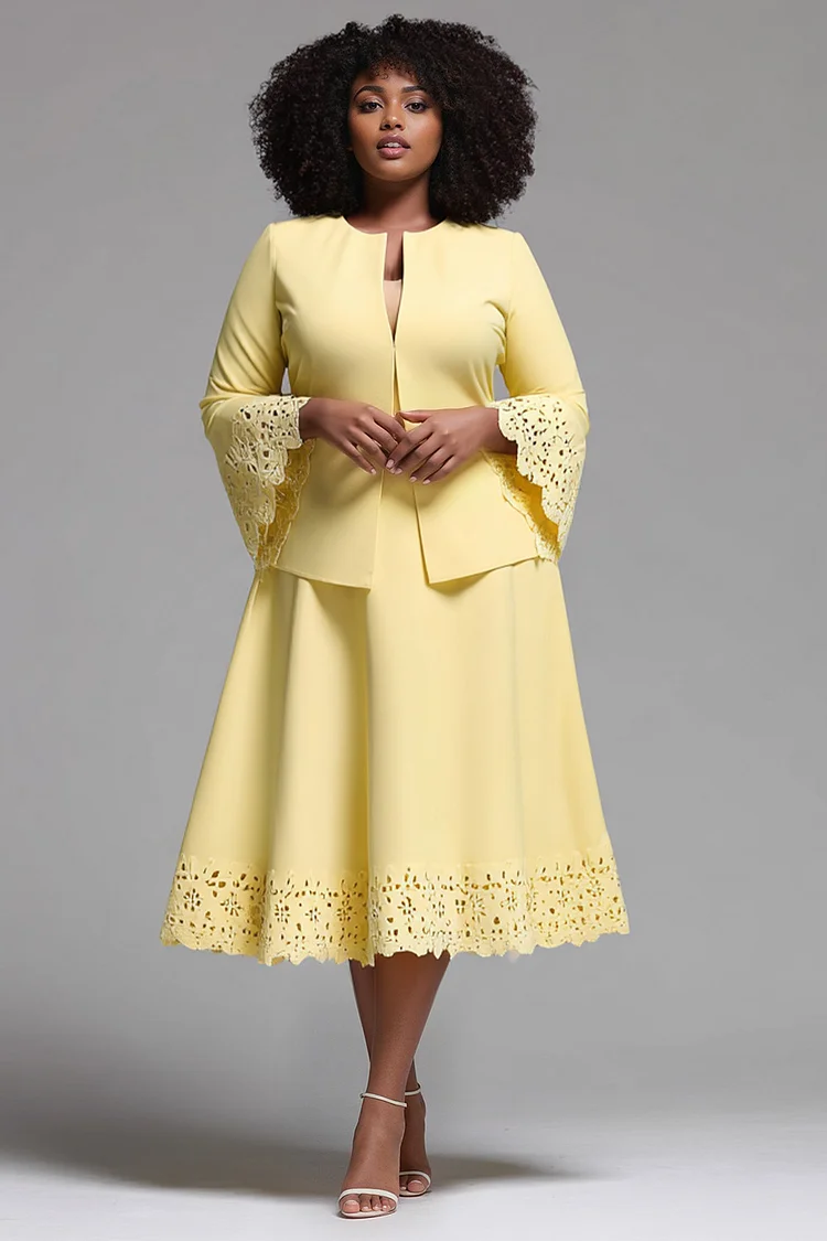 Xpluswear Design Plus Size Business Casual Yellow Round Neck Flare Long Sleeve Cut Out Pocket Two Piece Skirt Sets [Pre-Order] 2024 - Xpluswear