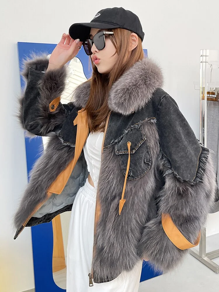 Toloer Toloer 2023 New Faux Fox Fur Stitching Tassel Removable Liner Parkas Winter Harajuku Asymmetric Denim Jacket Y2k Streetwear Coat 1127-1-Outfit Ideas