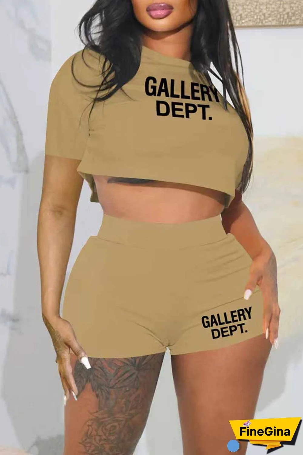 Black Casual Print Letter O Neck Short Sleeve Two Pieces