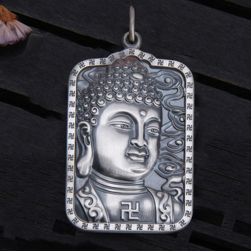 Buddha 999 Sterling Silver Swastika Heart Sutra Compassion Necklace Pendant