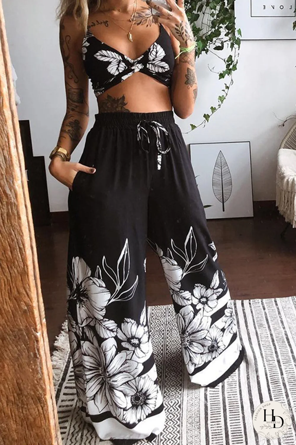 Black Sexy Print Split Joint Spaghetti Strap Sleeveless Two Pieces
