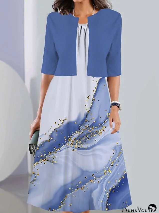 Two Piece Dress Set Casual Dress Chiffon Dress Daily Going out Fashion Streetwear Pocket Print Midi Dress Crew Neck Half Sleeve Ombre Marble Print Loose Fit Pink Navy Blue Dark Green Summer for Women