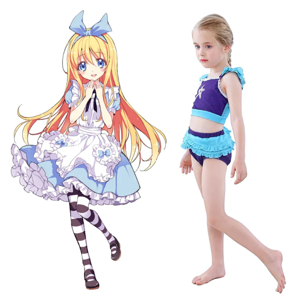 Kids Girls Alice in Wonderland Alice Cosplay Costume Swimsuit Outfits Halloween Carnival Party Suit