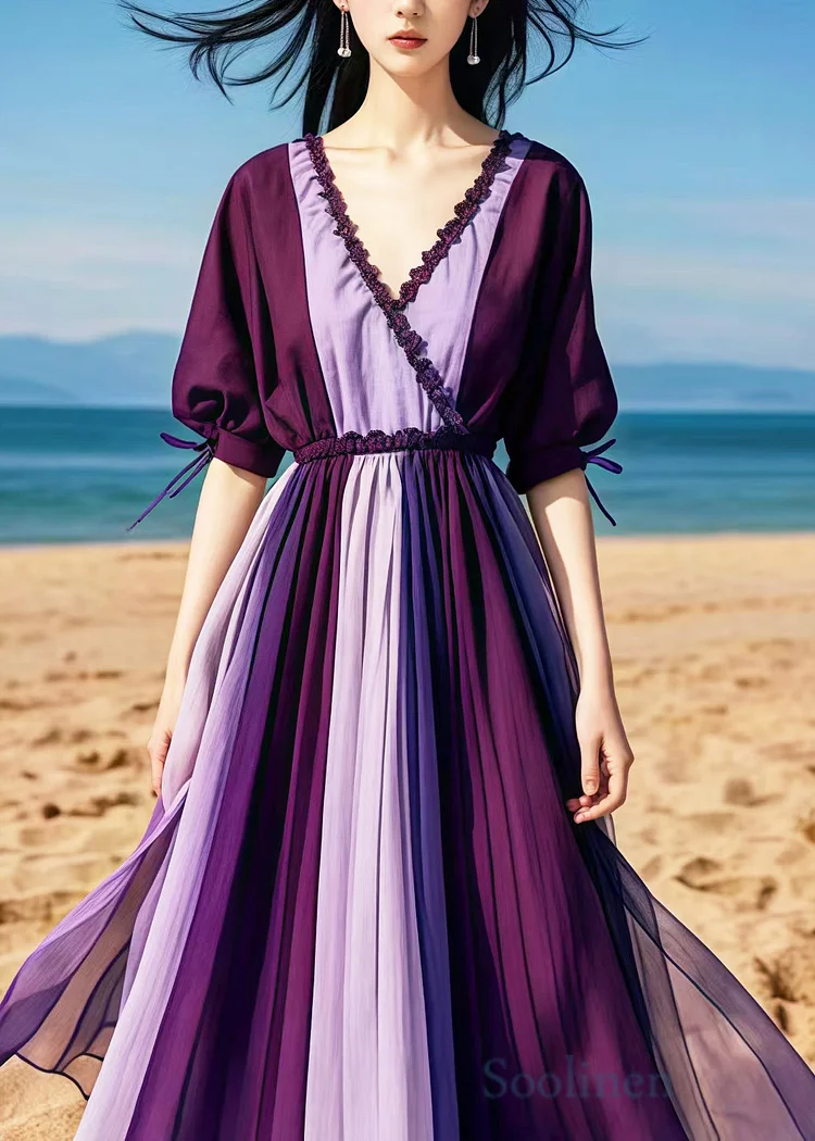 Pre sale - shipping in 30 days/Plus Size Purple Ruffled Patchwork Chiffon Cinched Dresses Summer