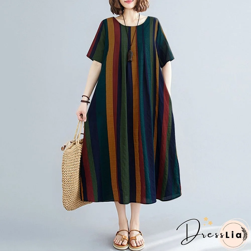 ZANZEA Women Summer Short Sleeve Plus Size Vintage Striped Dresses Long Dress