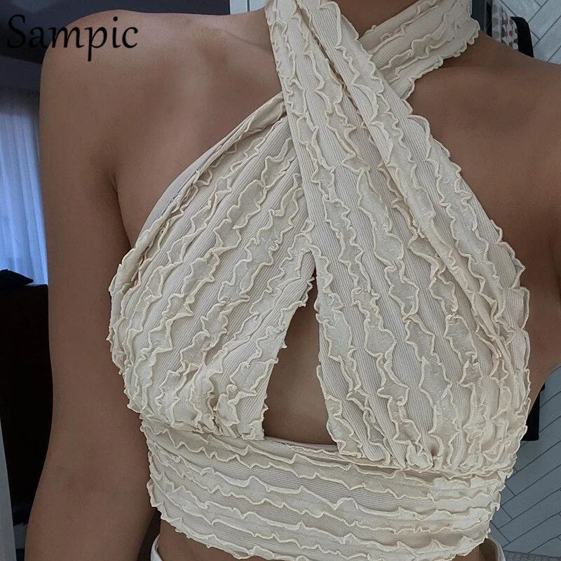 Sampic Causal Knitted Summer Halter Sweat Y2K Women Skinny Crop Tops 2021 Sexy Fashion Sleeveless Tank Tops Vest Mini T Shirt