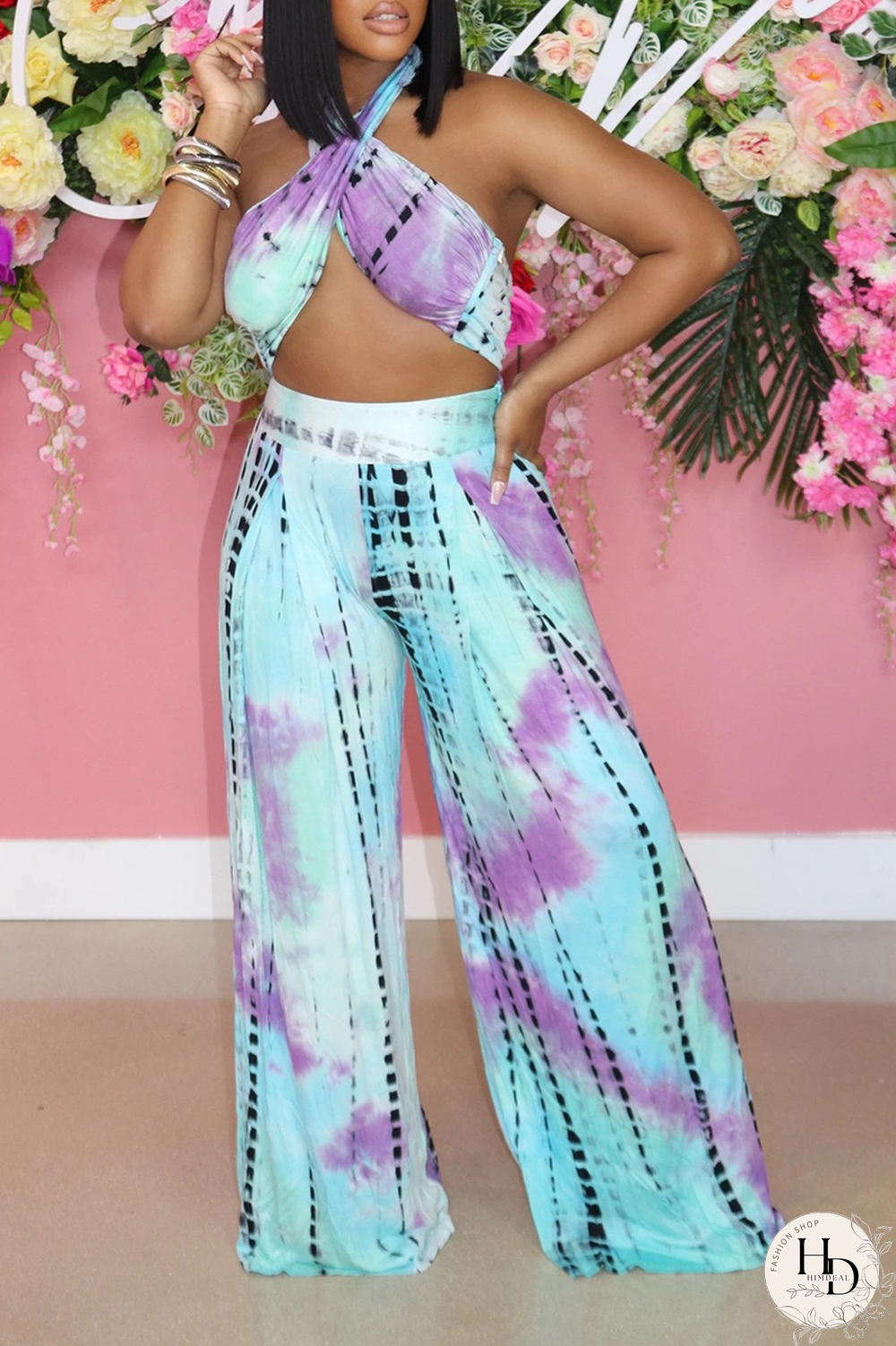 Blue Purple Fashion Elegant Print Tie-dye Strap Design Strapless Sleeveless Two Pieces
