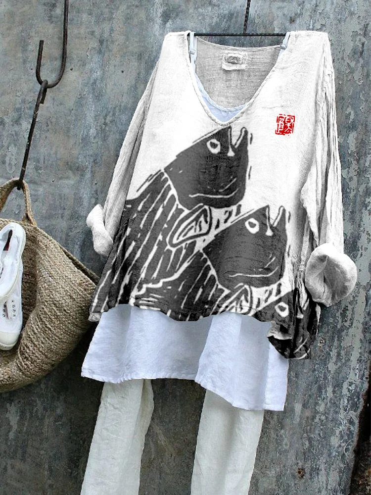 Japanese Fish Lino Art Linen Blend Tunic