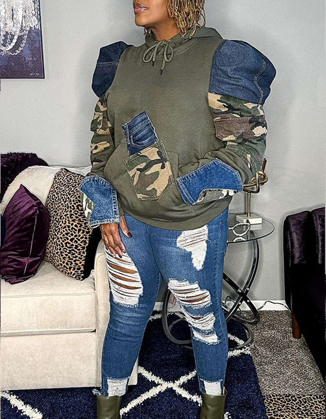Plus Size Women's Camouflage Denim Patchwork Hooded Pullover Sweatshirt-1120