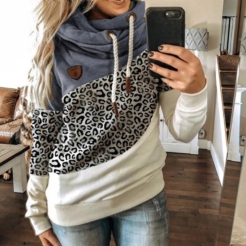 Patchwork Hooded Sweatshirt Gradient Printed Long Sleeve Turtleneck Hoodies Female Leopard Print Warm Pocket Pullovers Top