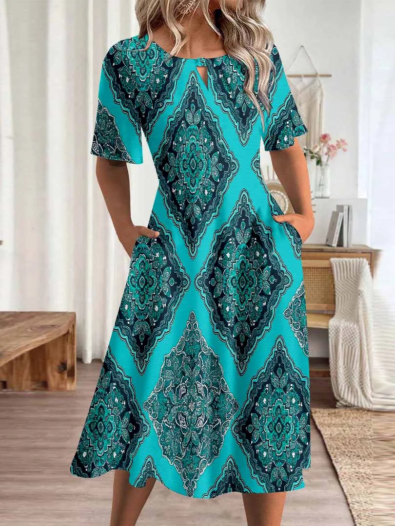 Women Graphic,Blue DZHA8067 Short Sleeve Scoop Neck Graphic Printed Hollow Midi Dress