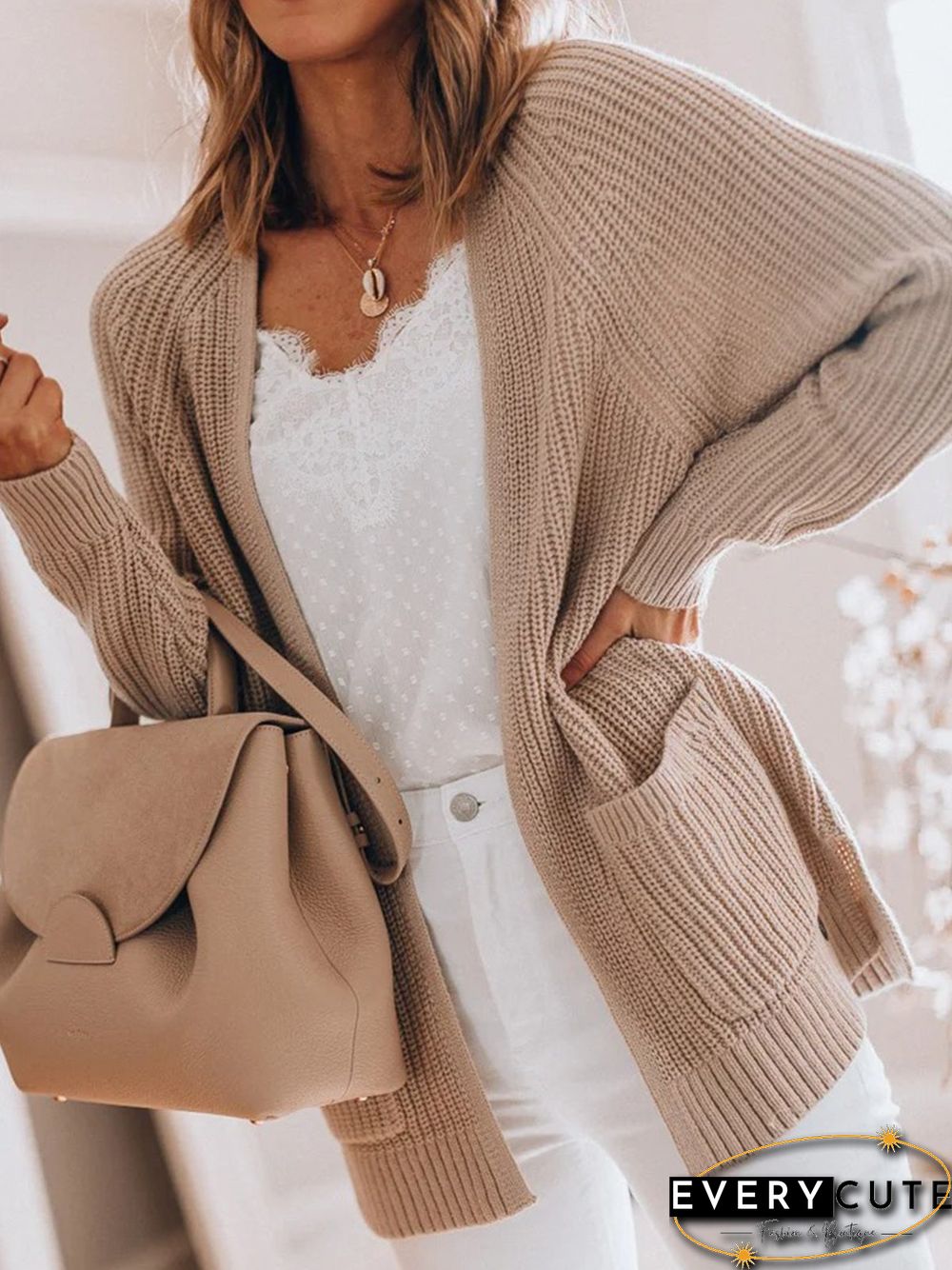 Casual Pockets Plain Loose Sweater Cardigan Coat
