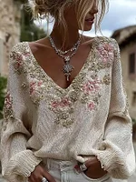 Women's Vintage Pink Flowers Art V-neck Cozy Knit Sweater