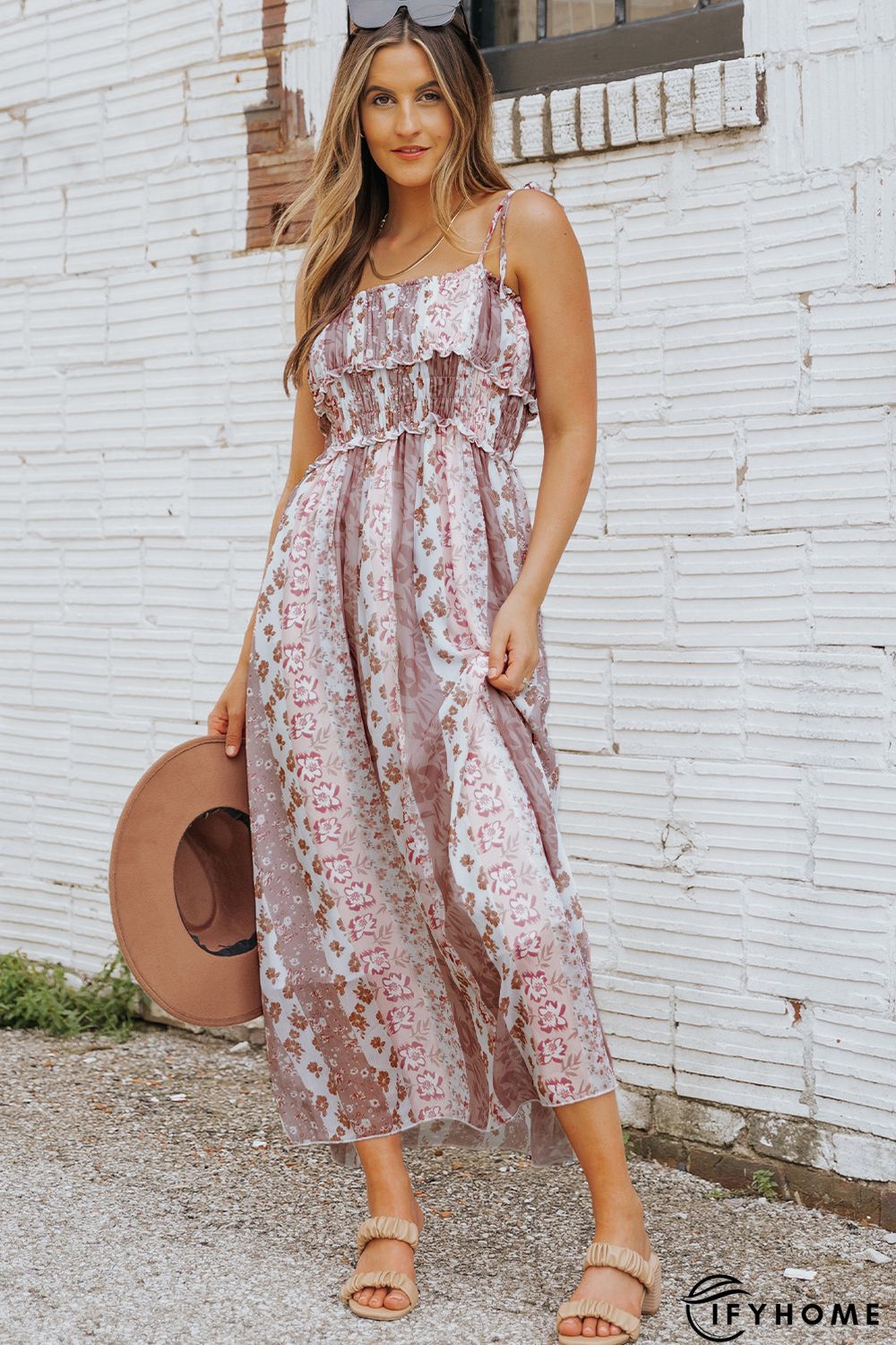 Multicolor Floral Print Frill Trim Smocked Spaghetti Strap Maxi Dress | IFYHOME