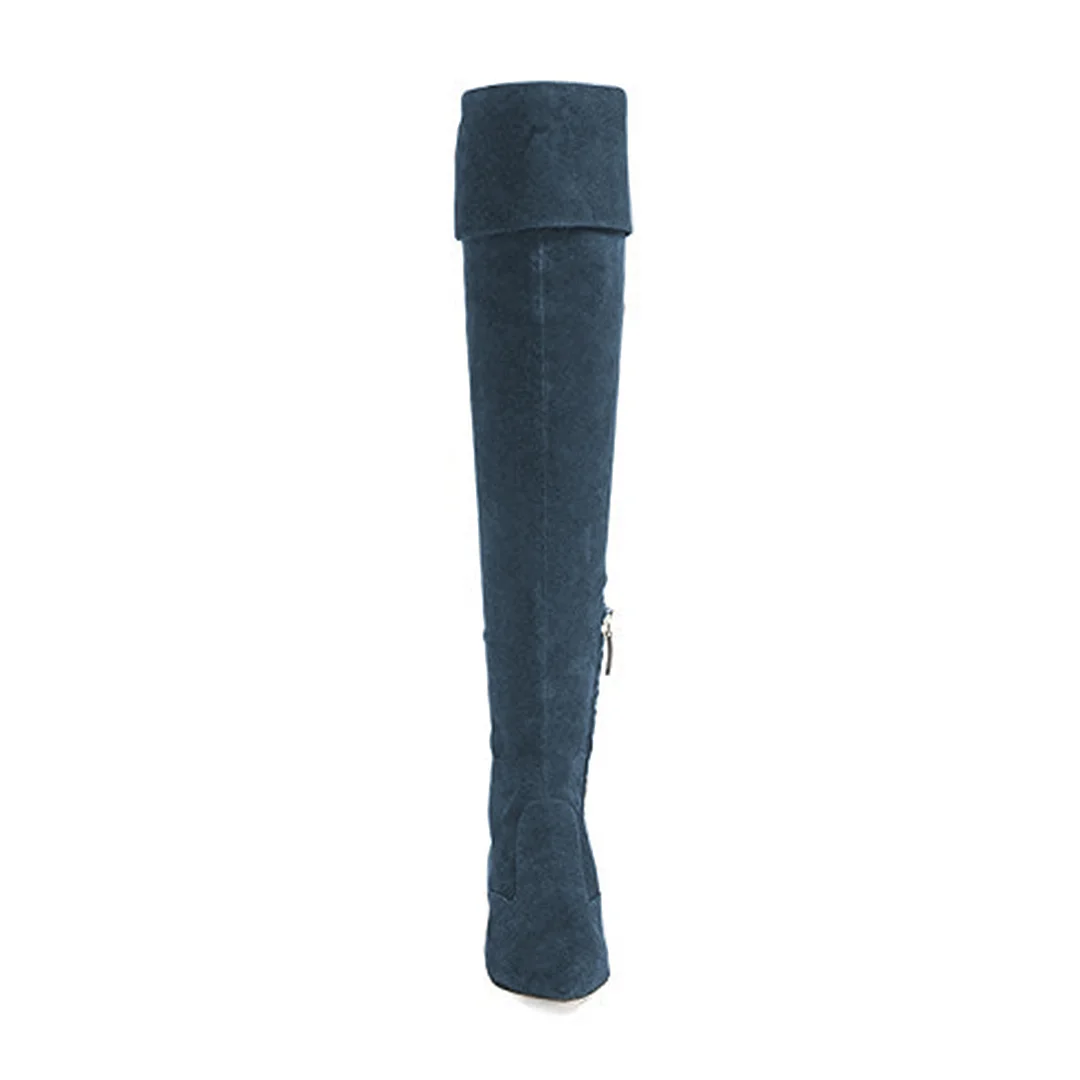 Blue Faux Suede Pointed Toe Over-The-Knee Heel Boots with Kitten Heel