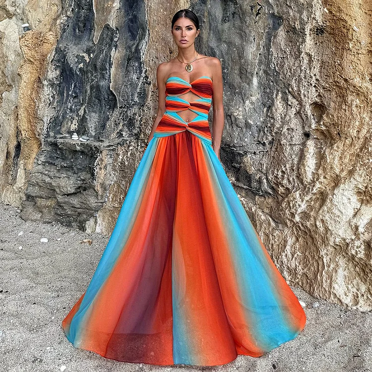 Blue-Orange Gradient Hollow One Piece Swimsuit and Skirt