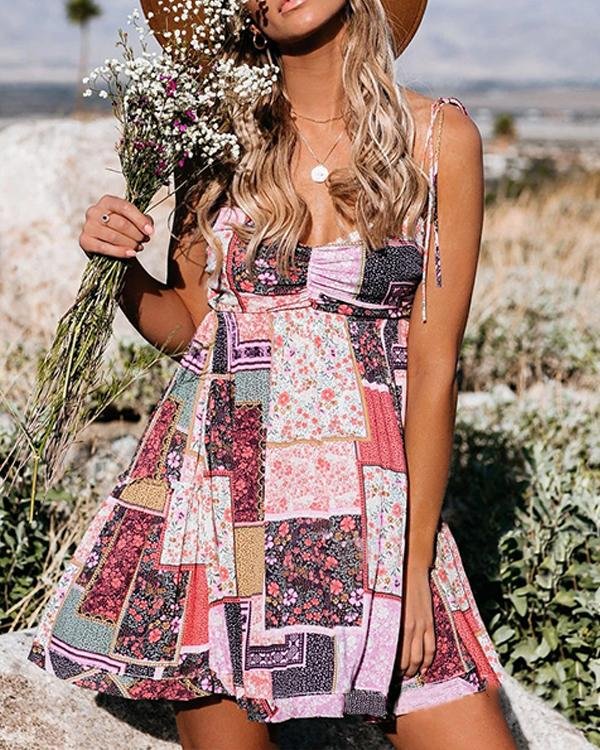 Print Patchwork Sleeveless A-line Above Knee Casual Boho Vacation Dresses