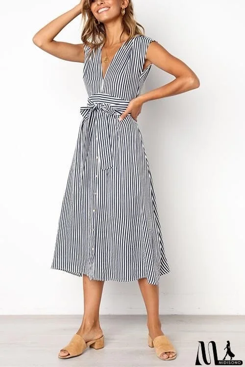 MidiSono - V Neck Tie Waist Dress