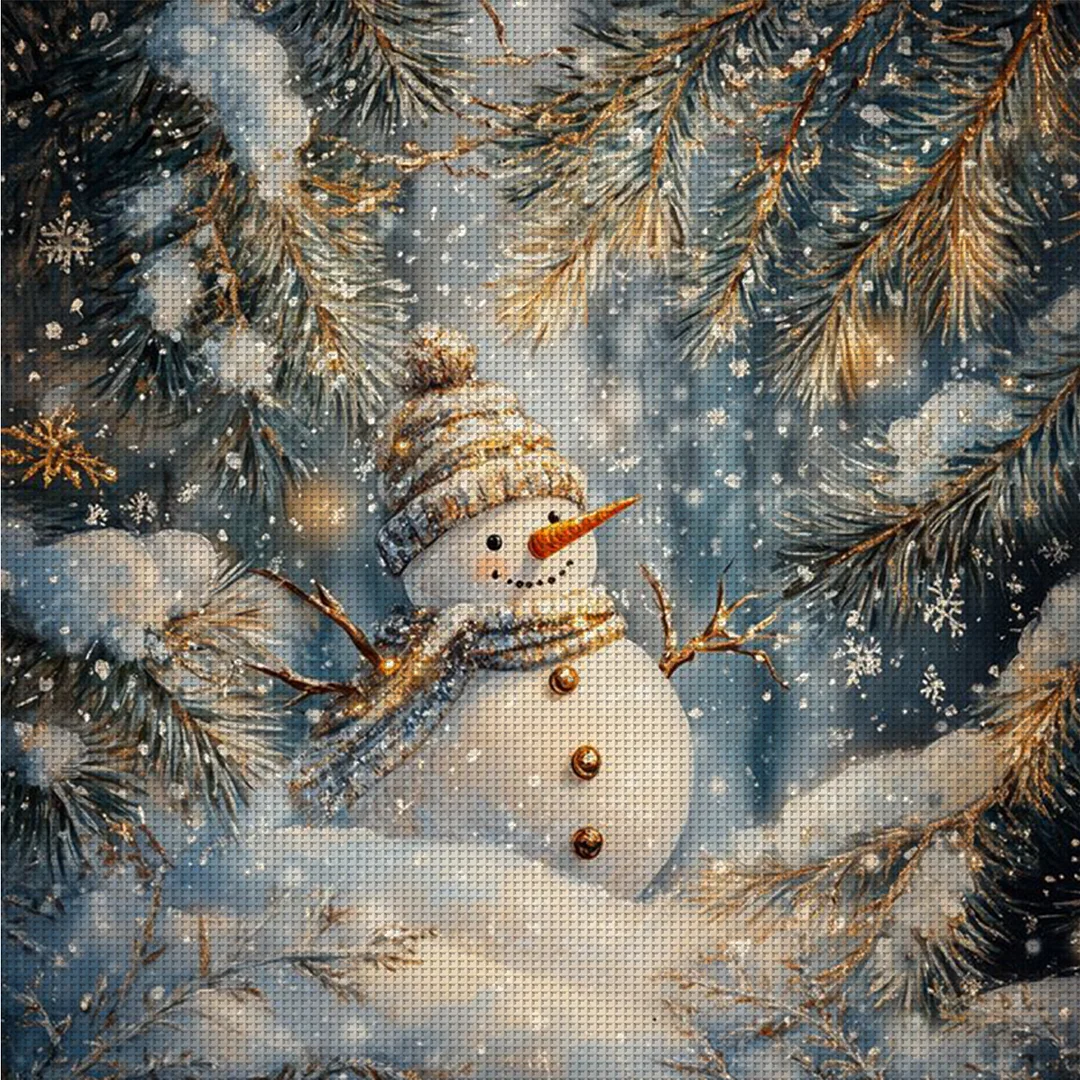 Xmas Gold Snowman Scenery Full 14CT 2 Strands DIY Counted Cross Stitch 40x40cm