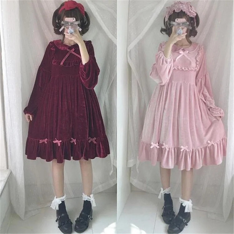 Kawaii Pink Lace Bow Velour Dress S12769