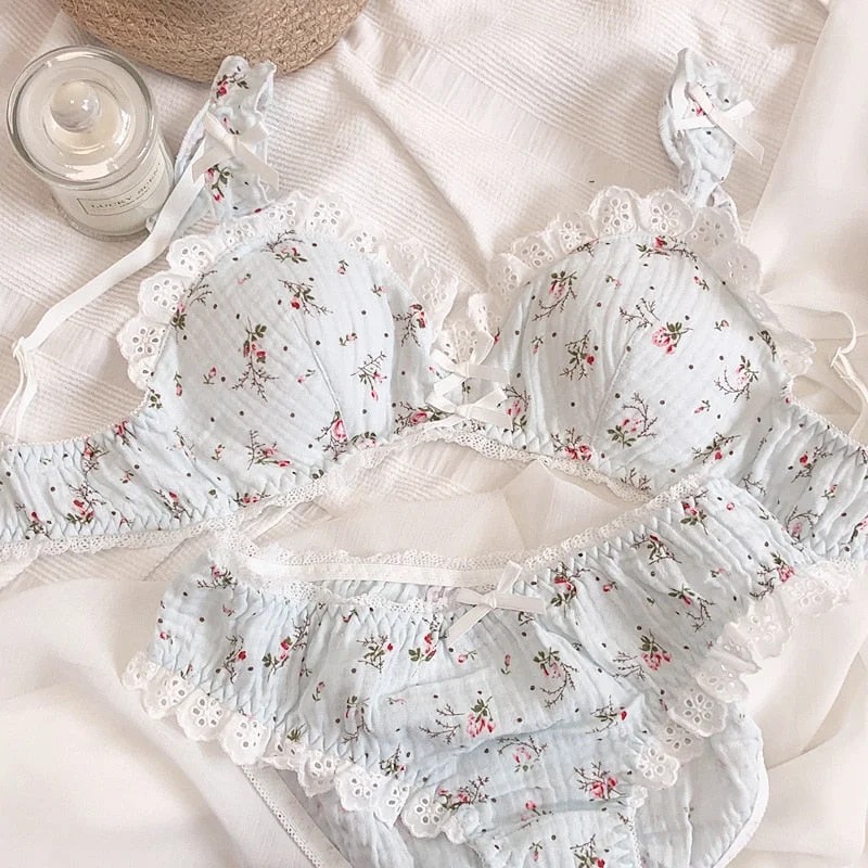 Wriufred Floral yarn cotton lingerie and underpants set no steel ring triangle cup bra lace bow cute girl student underwear set