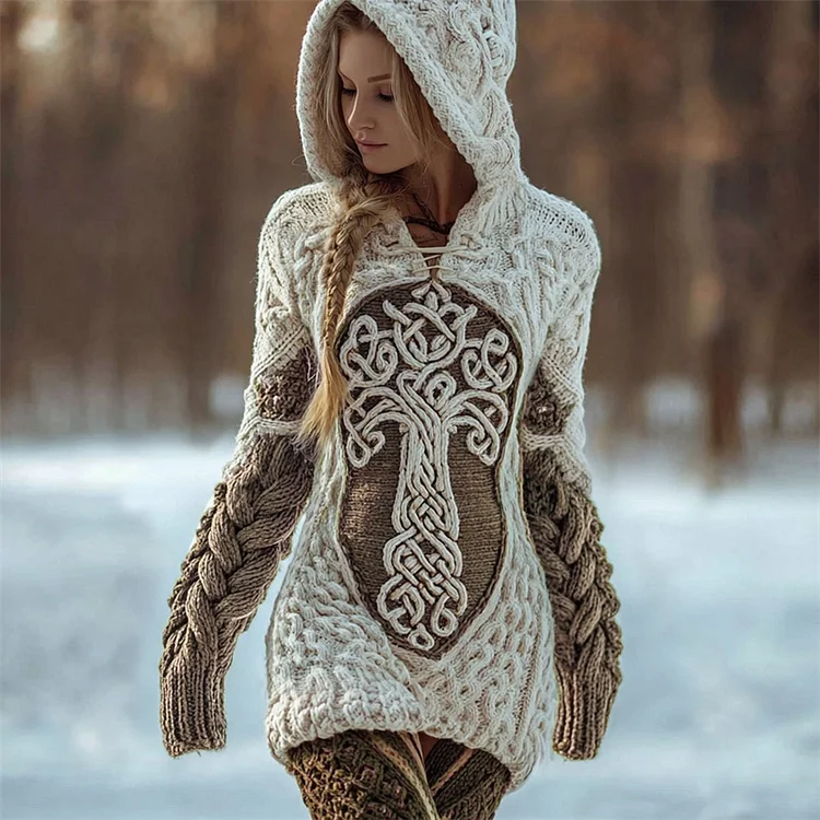Viking Tree Of Life Celtic Contrast Cozy Chunky Hooded Sweater