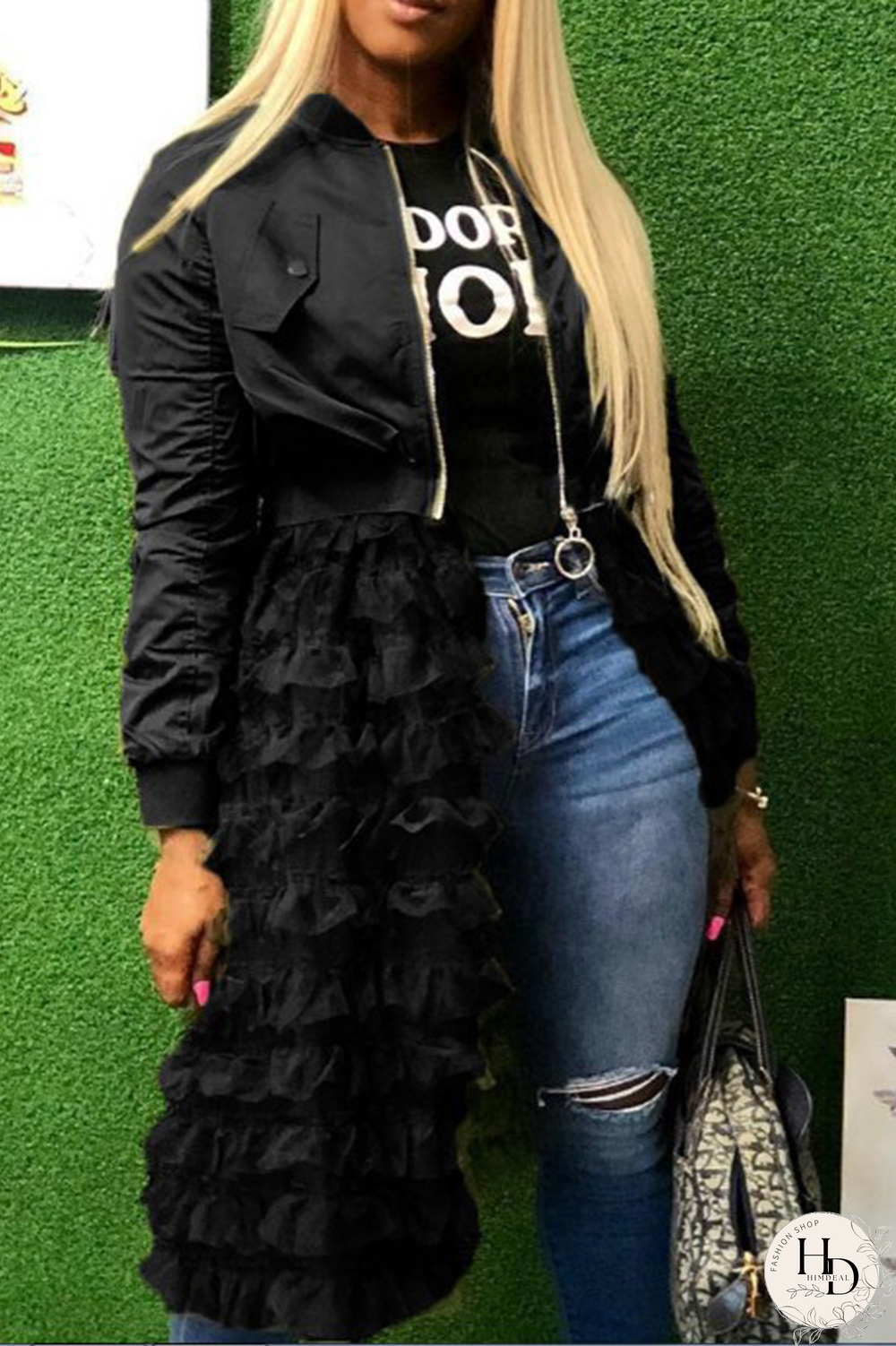 Black Casual Patchwork Mesh Zipper Collar Outerwear