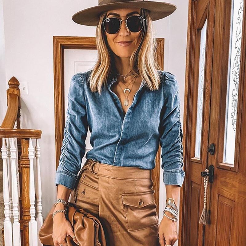 Abebey-Women's Autumn Solid Color Denim Shirt Blouse Casual Slim Tops Spring Puff Sleeve Blouses Ladies Nine Quarter Sleeve Denim Top Blue Denim Blouses Shirt Autumn Vintage Chic Women Shirt Blouse Long Sleeve Ruched Ladies High Street Tops Shirt