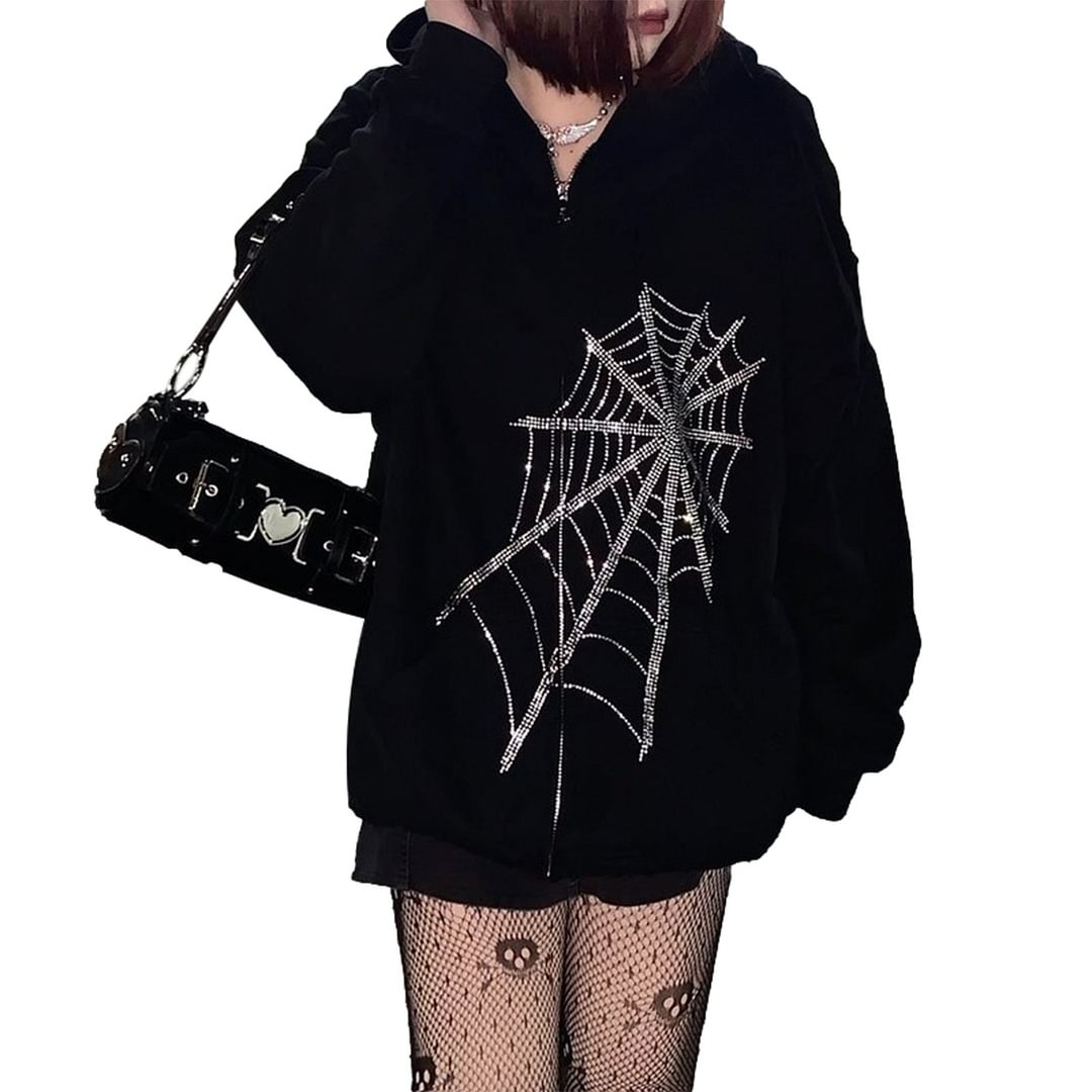 Women Gothic Hooded Sweatshirt Rhinestone Spider Web Pattern Jacket Loose Long Sleeve Zipper Pockets Coat Fashion Y2K Streetwear