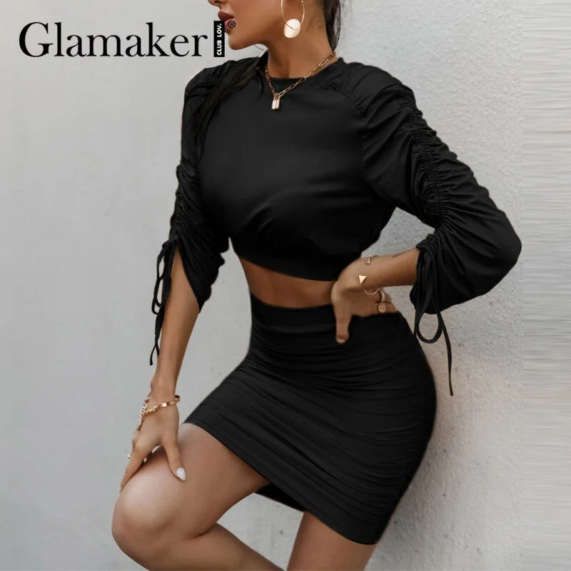 Glamaker Two piece suits Long sleeve with shirring top and pleated short elegant skirts Women spring summer party club sets 2021