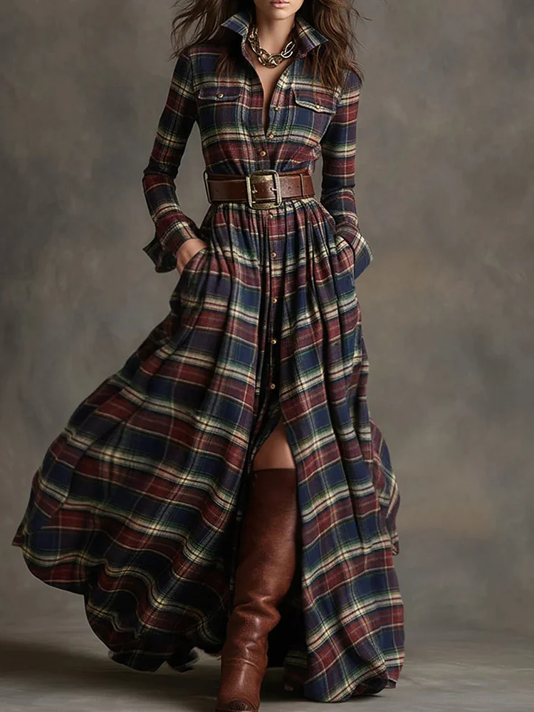 Retro plaid lapel long-sleeved maxi dress (including belt)