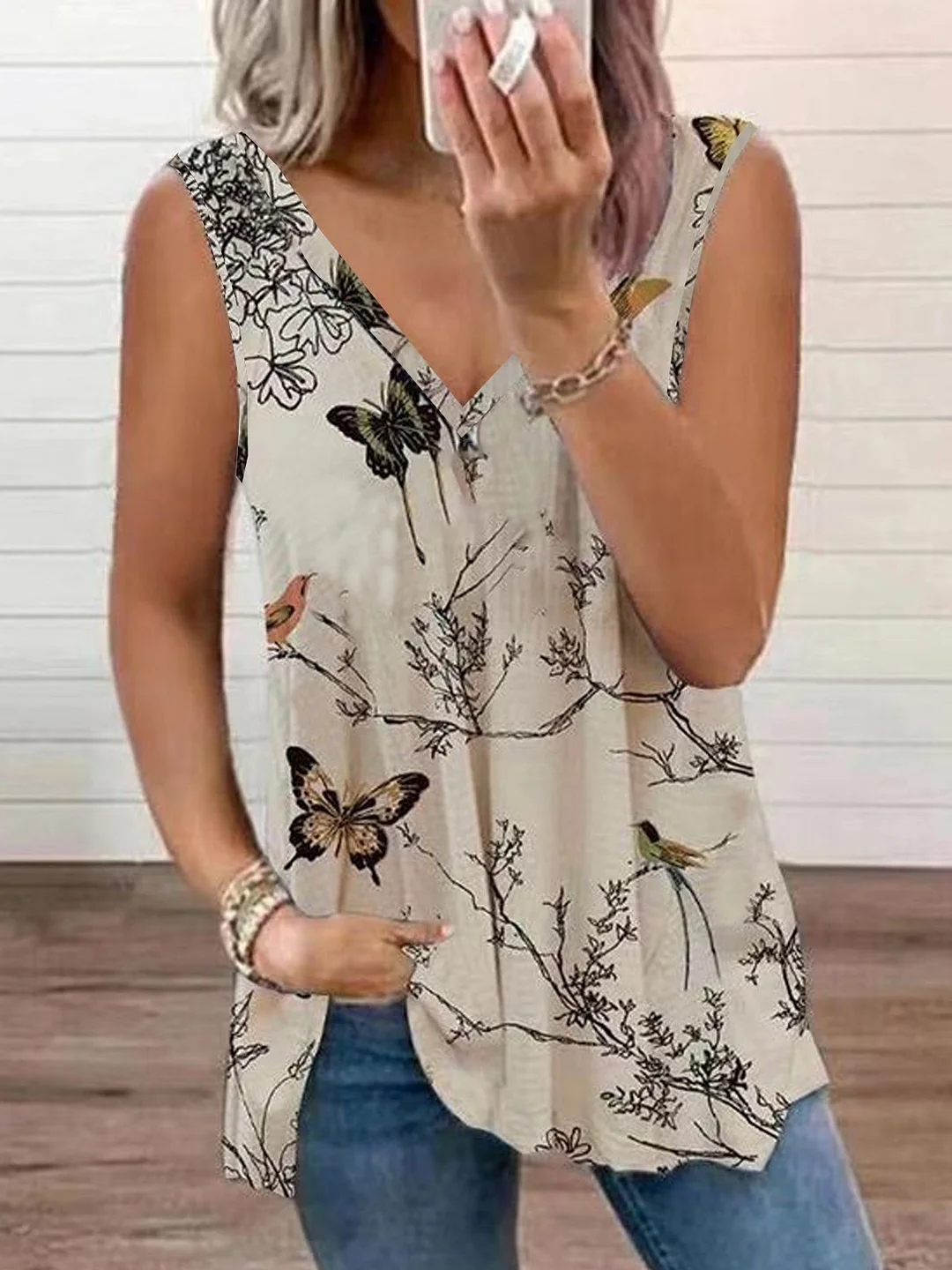 Butterfly Floral Printed Casual Loosen V Neck Knit Tunic Tank