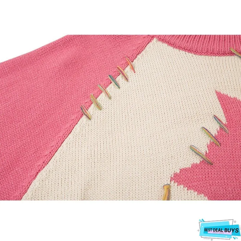 Color Contrast Dinosaur Patchwork Design Knit Pullover