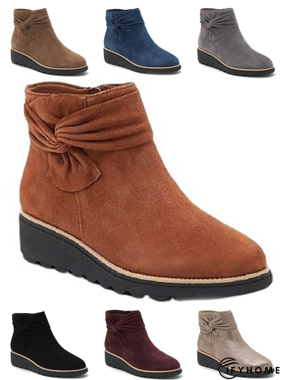 Comfortable Soft Leather Bow Round Toe Low Heel Booties | IFYHOME