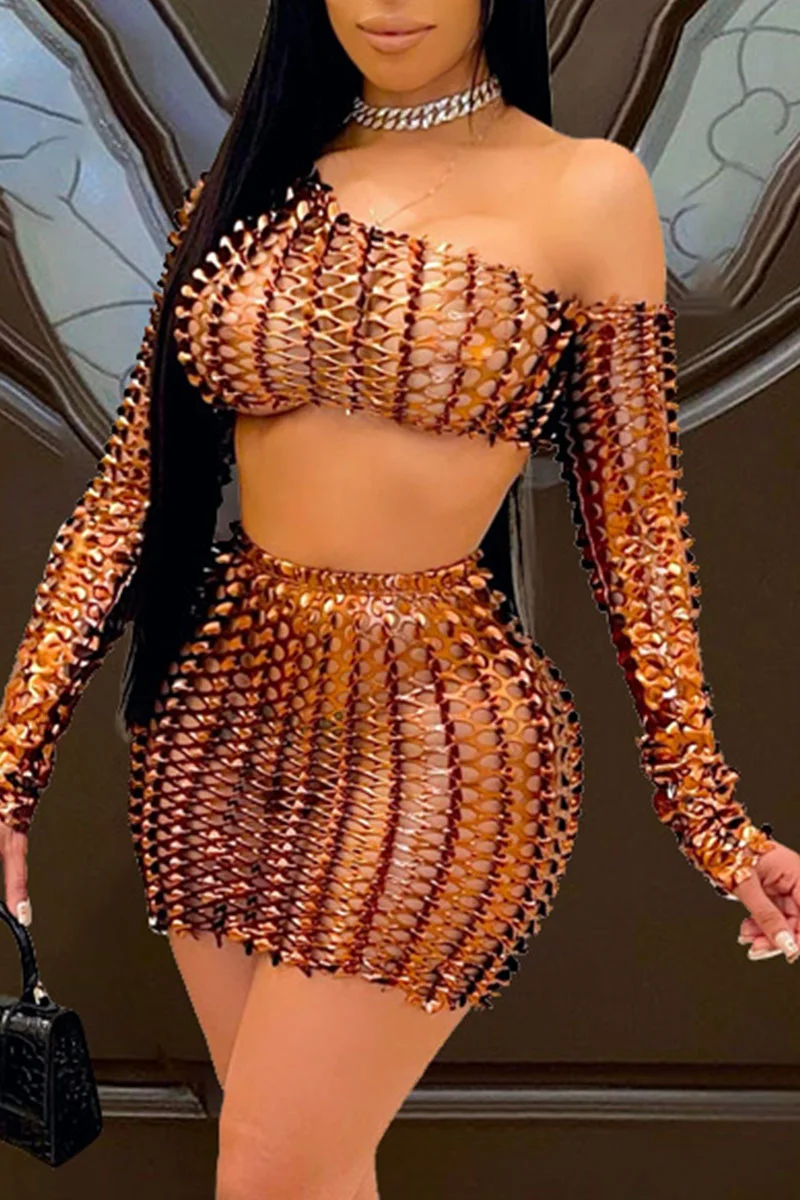 Brown Sexy Solid Ripped Hollowed Out One Shoulder Long Sleeve Two Pieces