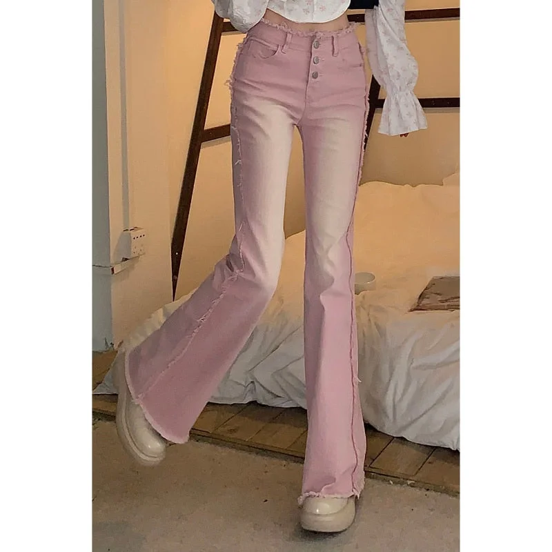 Feiernan 2022 Pink Flare Pants for Women Y2k Vintage Female Low Waist Jeans Ins High Street Full Length Trousers Fashion Bottoms