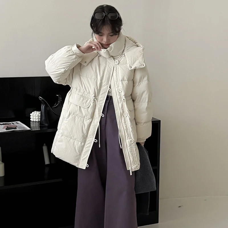 Woherb Advanced Sense Of Long 90 White Duck Down Down Jacket Female 2024 New Draw Rope Waist Show Thin Small Coat Tide-Outfit Ideas