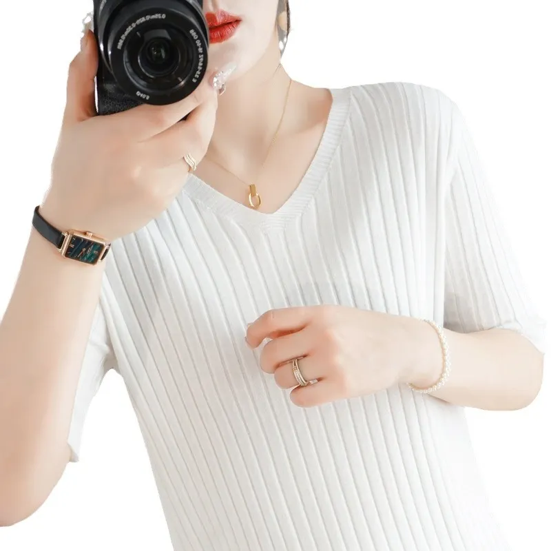 Churchf Churchf The Summer Of 2024, Women's Knit Short Sleeve Korean V-Neck Solid Color T-Shirt And A Pit Top