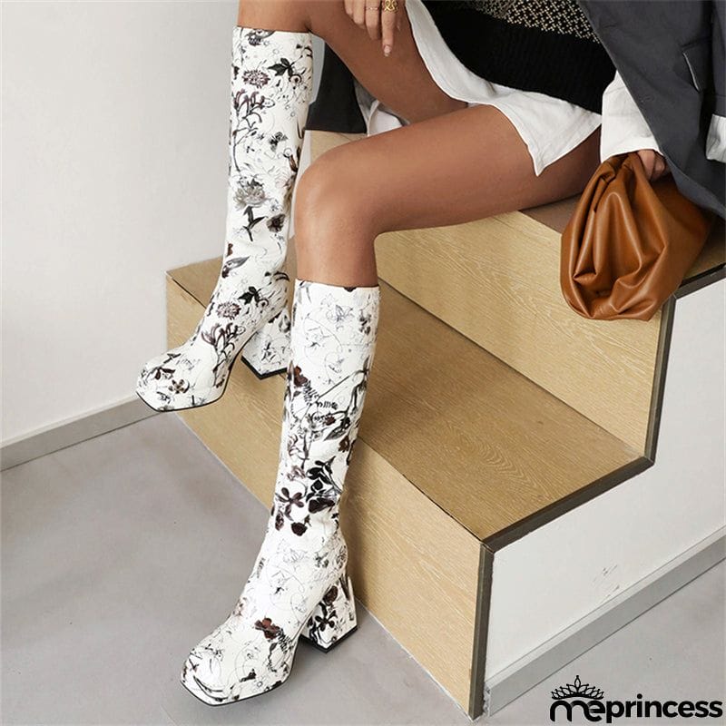 Trendy Colorful Floral Printed Thick Heel Long Boots