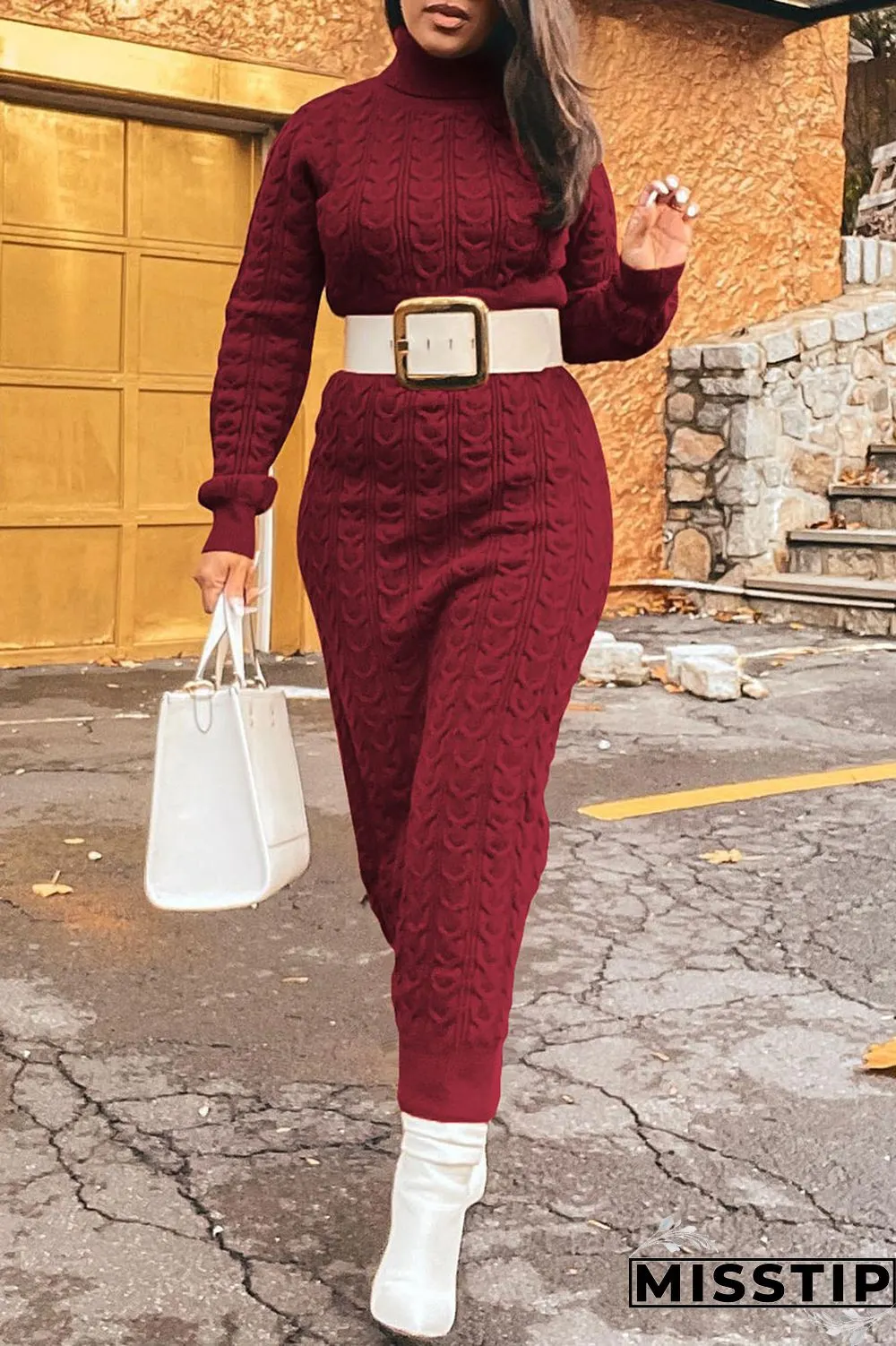 Light Brown Casual Solid Patchwork Turtleneck Straight Dresses(Without Belt)