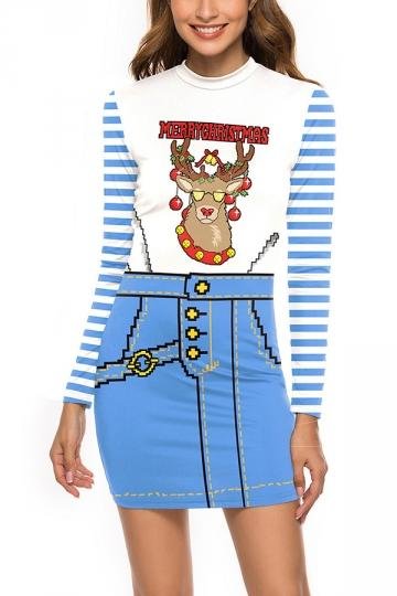 Christmas Reindeer Dress Striped Sleeve Blue - Shop Trendy Women's Clothing | LoverChic
