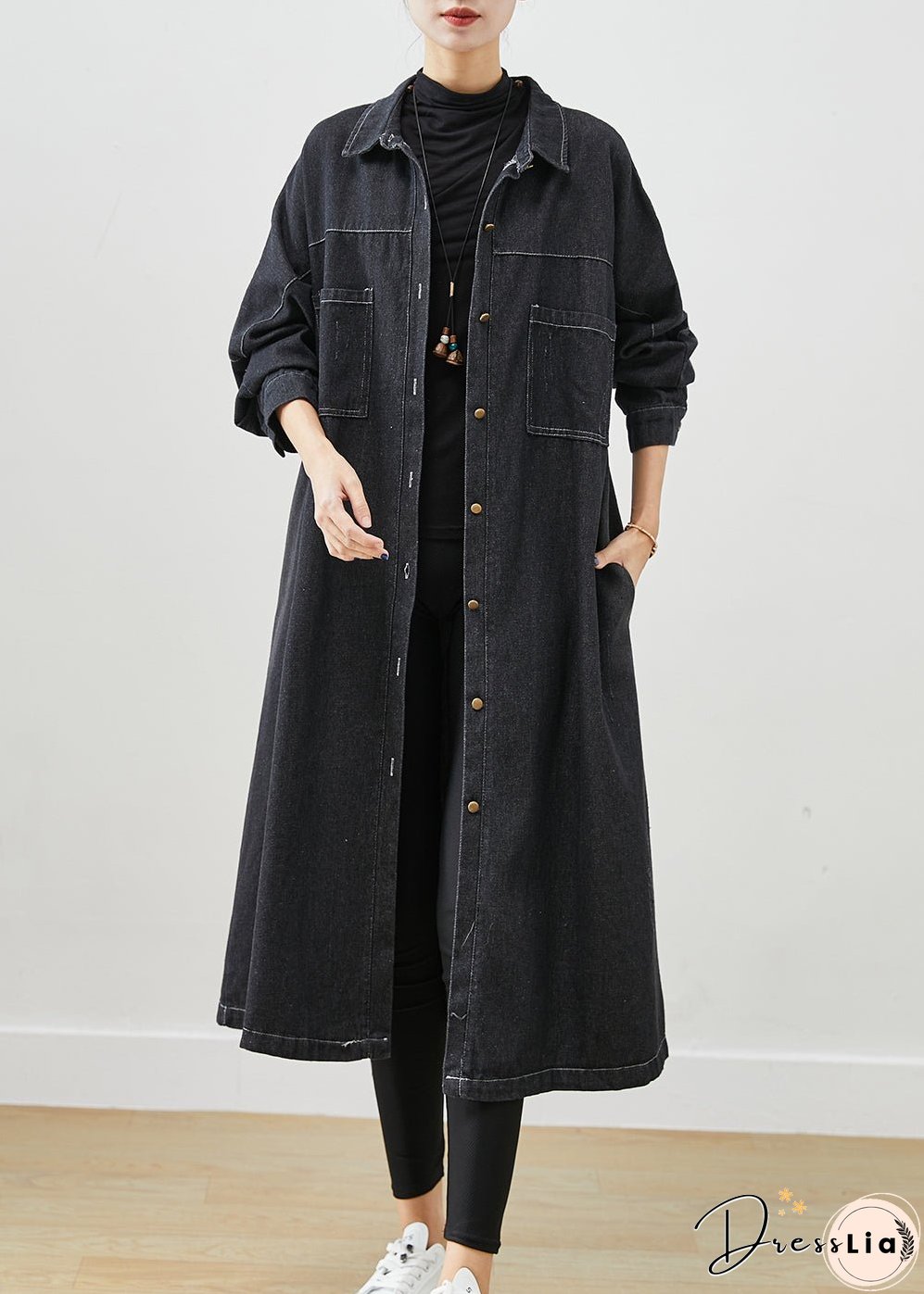 Plus Size Black Oversized Pockets Cotton Coats Fall