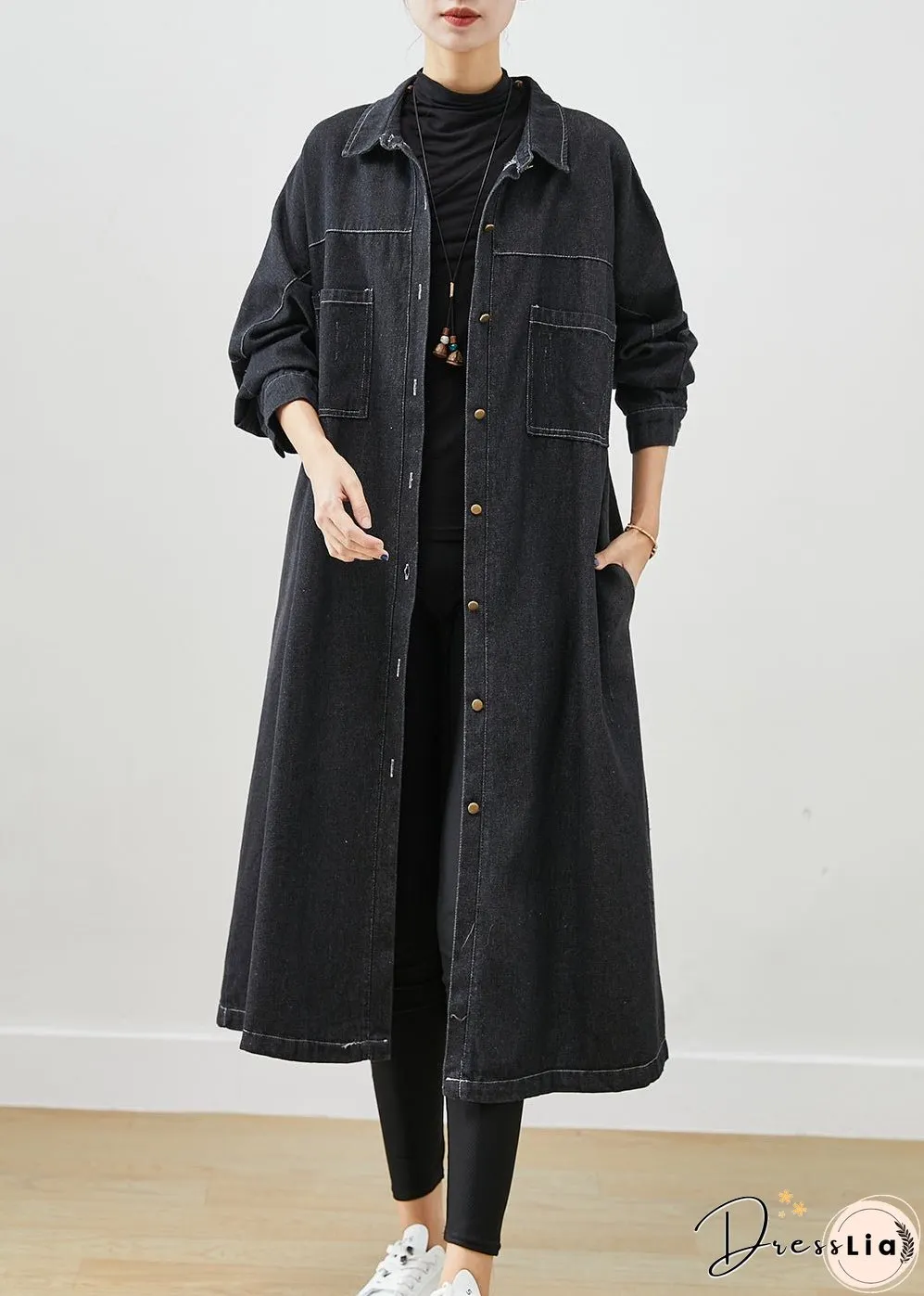 Plus Size Black Oversized Pockets Cotton Coats Fall