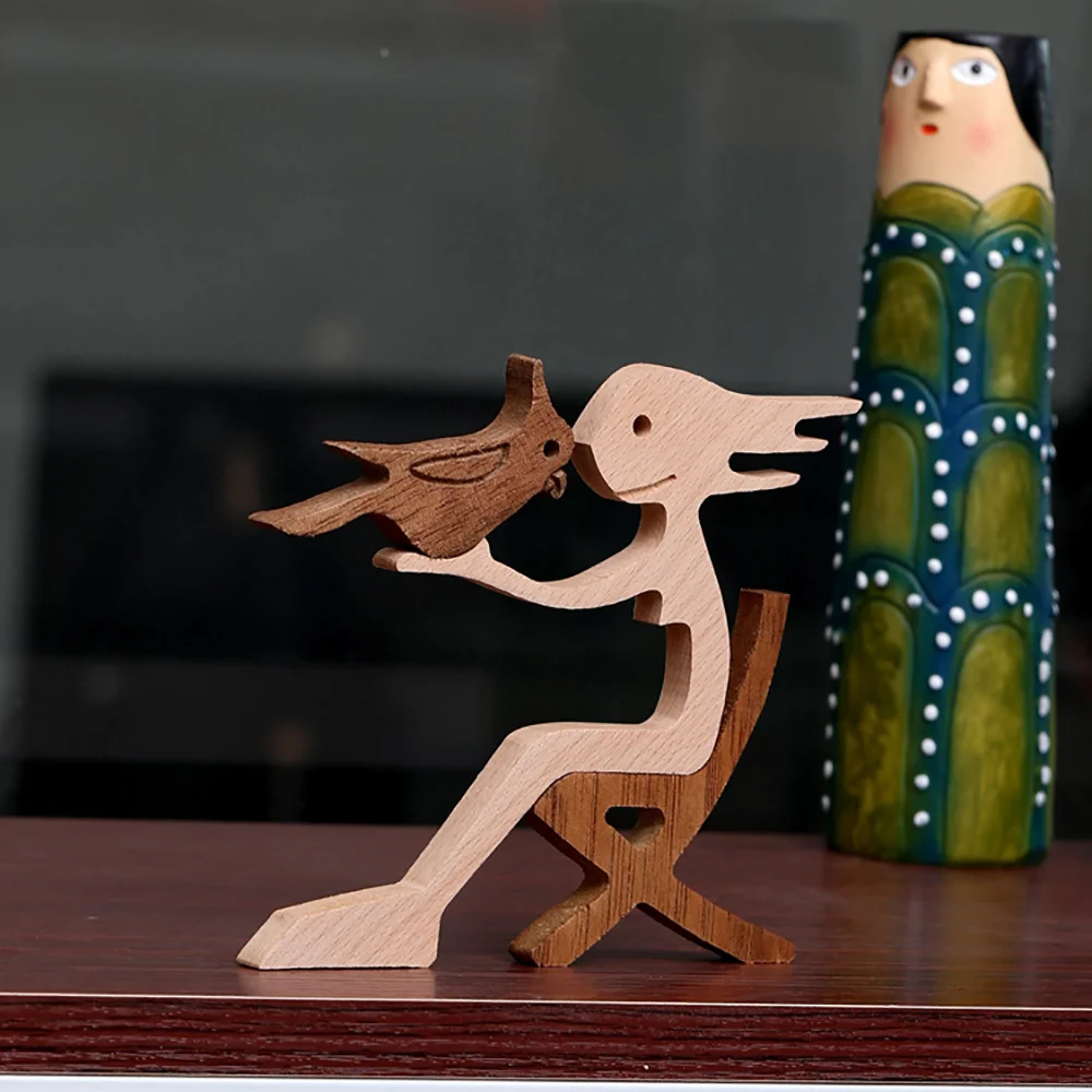 Purexcellent&trade; Creative minimalist girl doll and bird home table carving ornaments