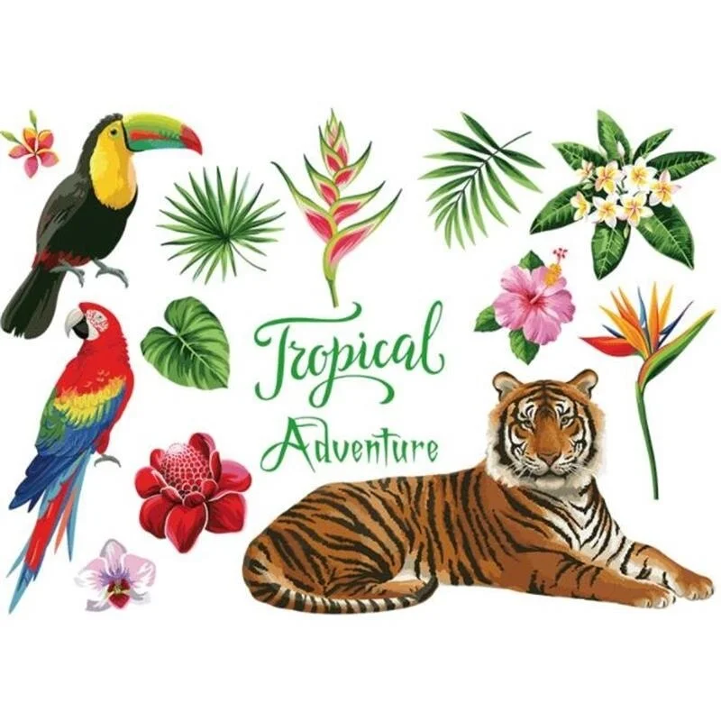 Green Plants Animal Tiger Parrot Birds Wall Stickers For Kids Child Rooms Nursery Wallpaper Home Decor Bedroom Office Art Mural